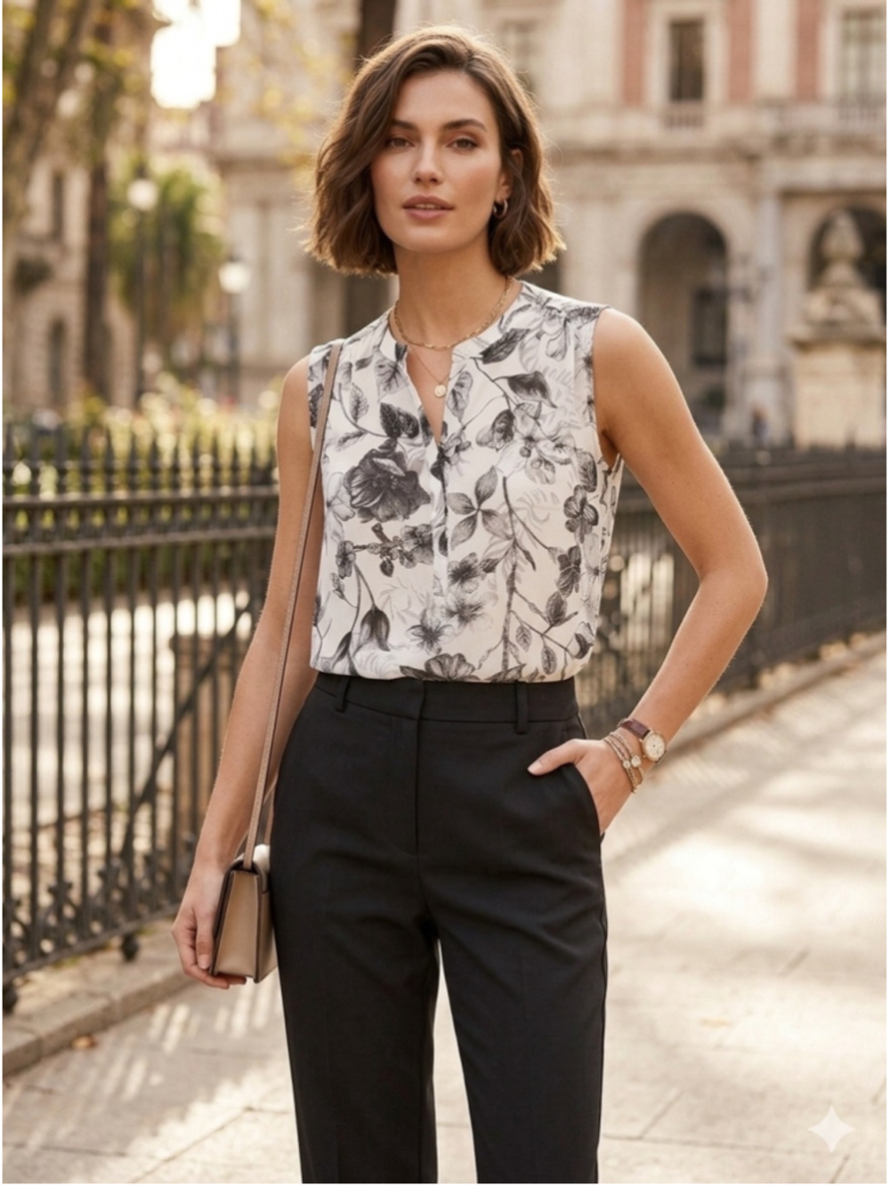 Women's Katherine Barclay Floral Blouse, Size XL, White and Black 1891